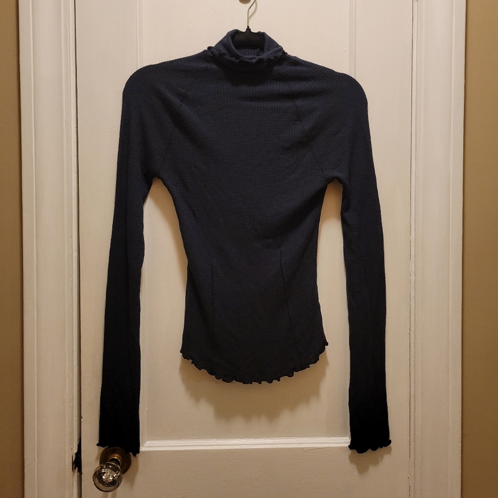 Intimately Free Women's Navy Blue Lettuce Trim Turtleneck Shirt Size XS